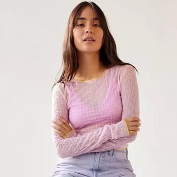 UO Mimi Semi-Sheer Textured Crew Neck Top Size S - Picture 2 of 8